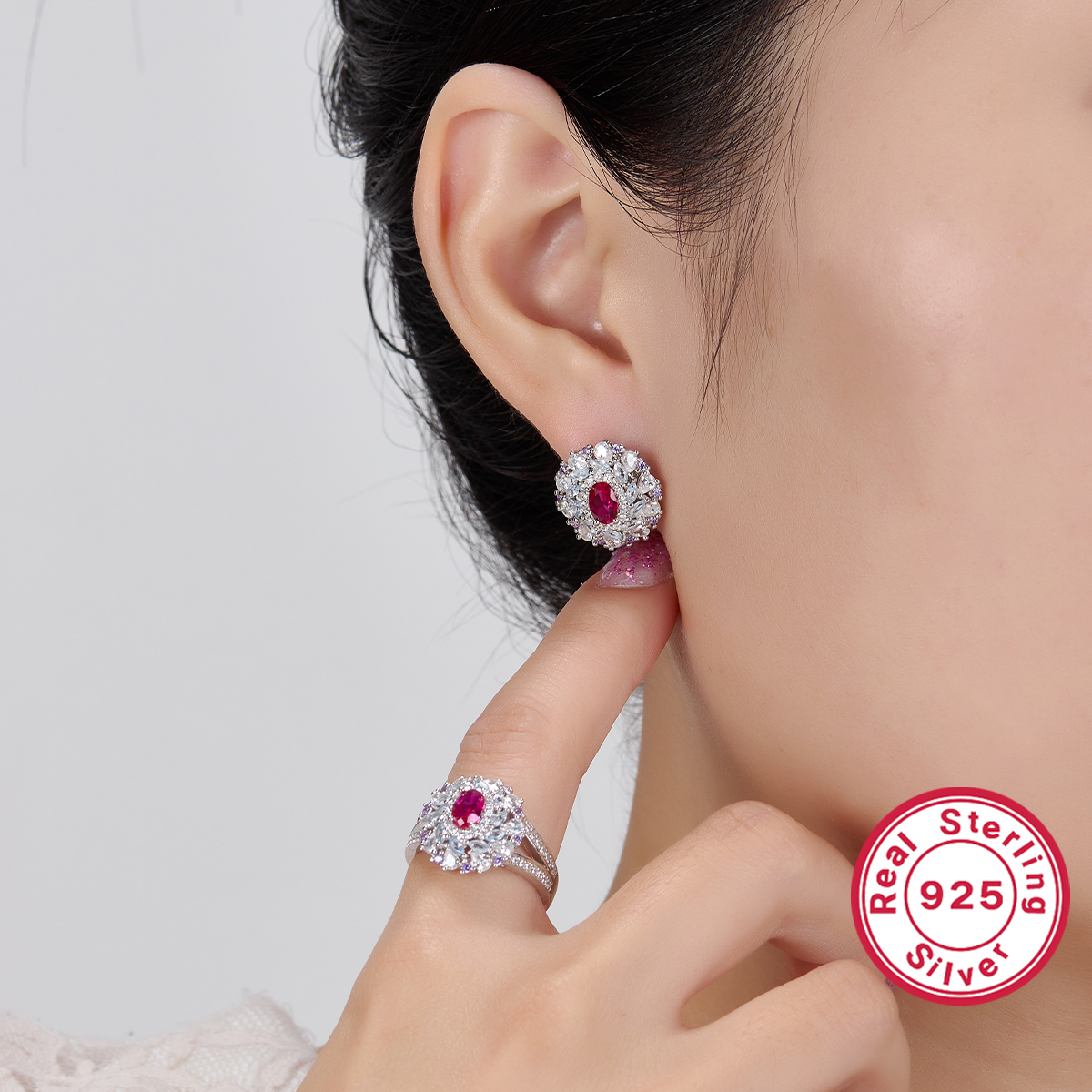 Elegant Glam Flower Synthetic Gemstones Sterling Silver High Carbon Drill White Gold Plated Women's Rings Earrings Jewelry Set display picture 7