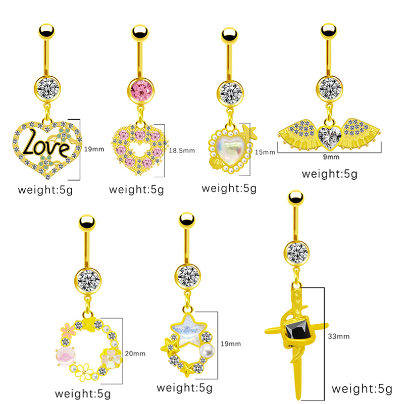 1 Piece Belly Rings Simple Style Shiny Star Heart Shape Wings 316 Stainless Steel  Alloy Hollow Out Inlay Acrylic Rhinestones Glass Gold Plated display picture 19