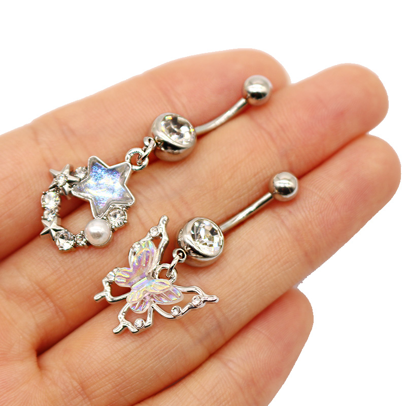 1 Piece Belly Rings Cute Pastoral Simple Style Star Heart Shape Wings Stainless Steel Alloy Plating Inlay Acrylic Rhinestones Glass White Gold Plated display picture 24