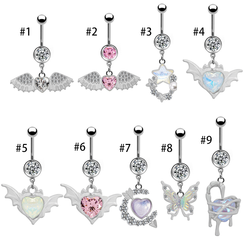 1 Piece Belly Rings Cute Pastoral Simple Style Star Heart Shape Wings Stainless Steel Alloy Plating Inlay Acrylic Rhinestones Glass White Gold Plated display picture 26