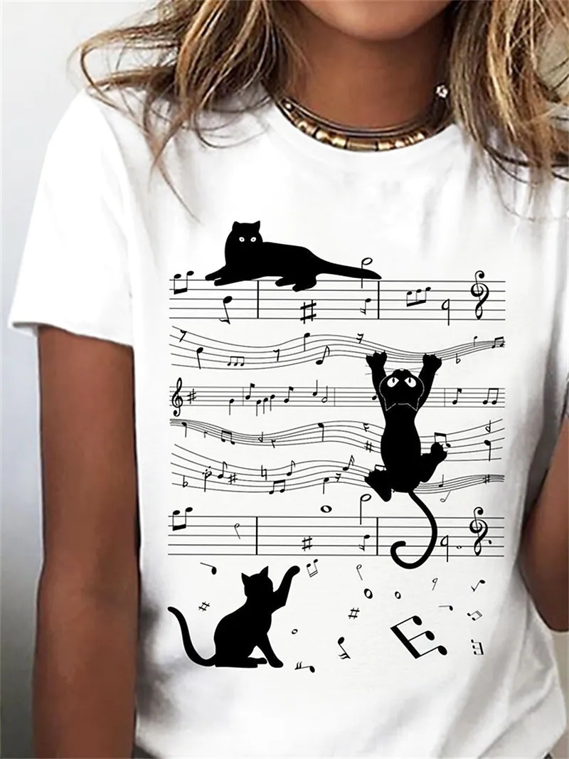 Mujeres Playeras Manga Corta Camisetas Impresión Estilo Simple Gato Notas display picture 2