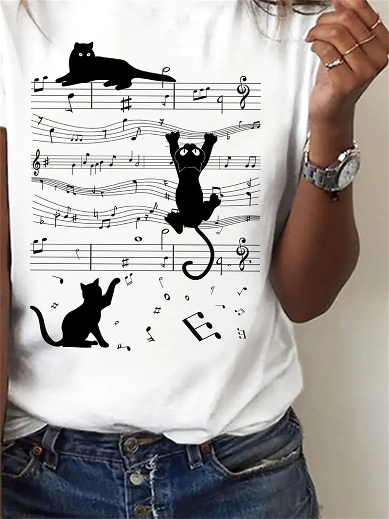 Frau T-Shirt Kurzarm T-Shirts Drucken Einfacher Stil Katze Anmerkungen display picture 3