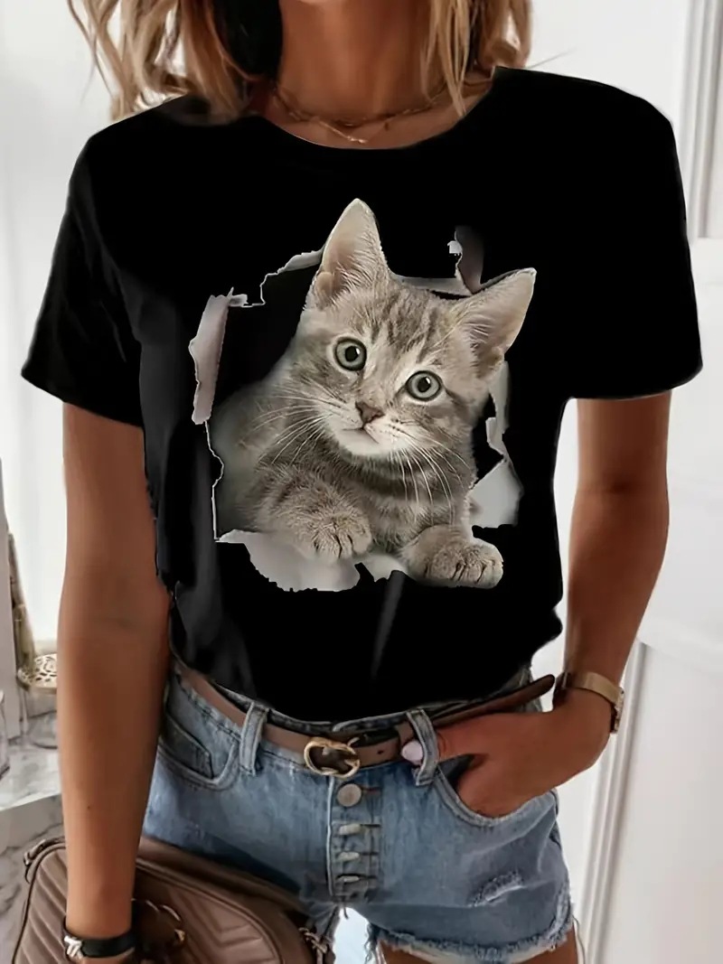 Mujeres Playeras Manga Corta Camisetas Impresión Vacaciones Gato display picture 1