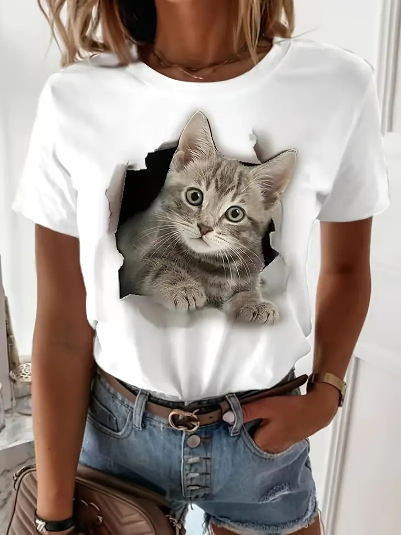 Frau T-Shirt Kurzarm T-Shirts Drucken Ferien Katze display picture 3