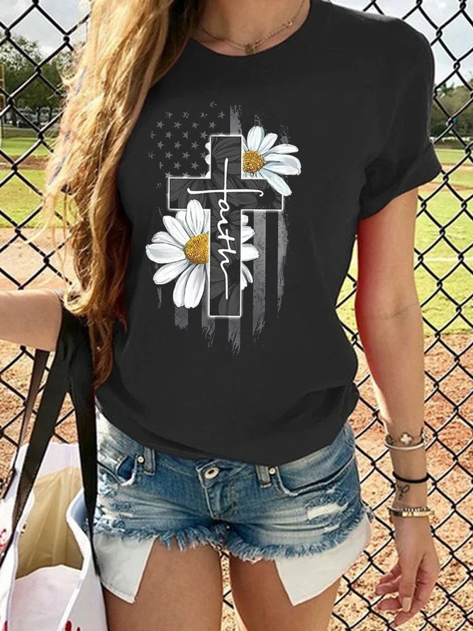 Women's T-shirt Short Sleeve T-Shirts Printing Casual Cross Daisy display picture 1