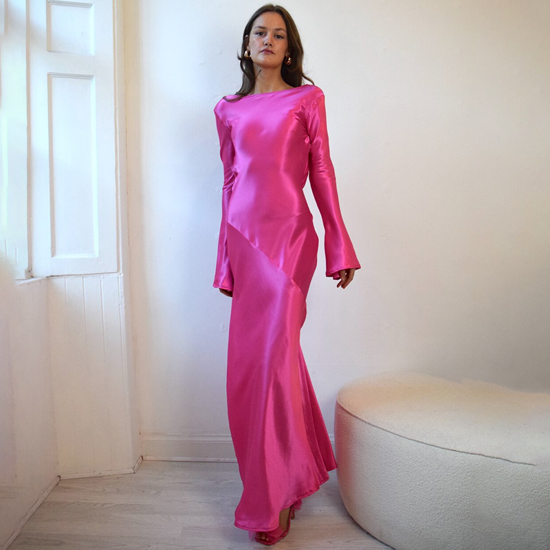 Women's Sheath Dress Streetwear Round Neck Backless Long Sleeve Solid Color Maxi Long Dress Selfie display picture 8