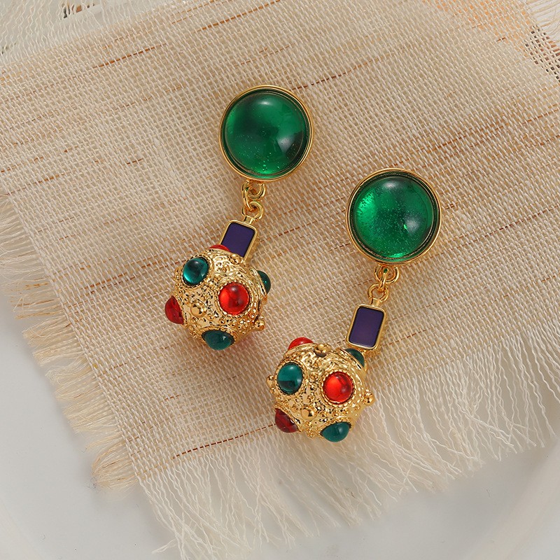1 Pair Vintage Style French Style Commute Round Enamel Inlay Copper Pearl Zircon 18K Gold Plated Drop Earrings Ear Studs display picture 11