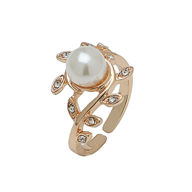 Großhandel Schmuck Elegant Einfacher Stil Blatt Legierung Künstliche Perlen Vergoldet Überzug Inlay Offener Ring display picture 1