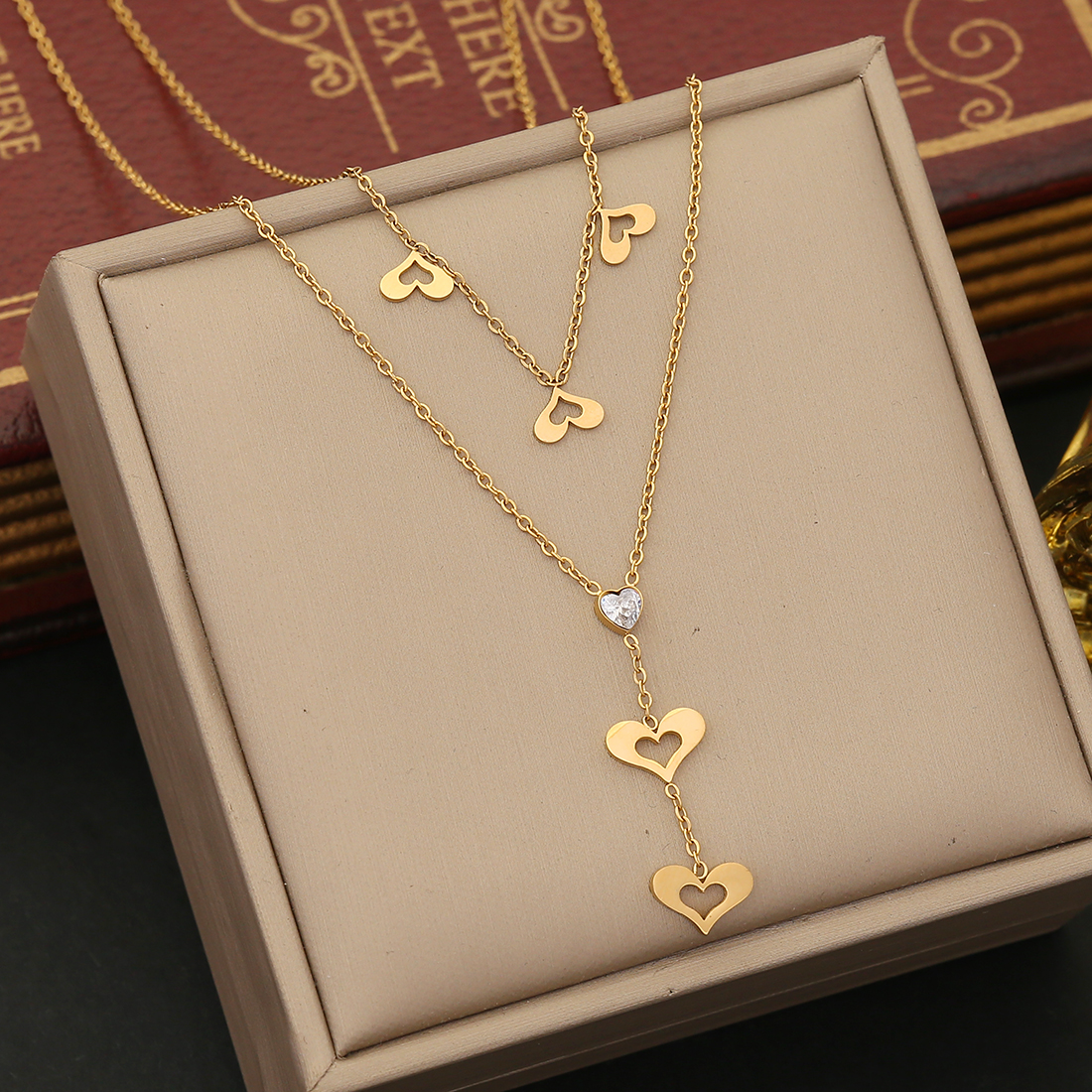 Stainless Steel 18K Gold Plated Cute Sweet Hollow Out Inlay Heart Shape Eye Butterfly Zircon Double Layer Necklaces display picture 4