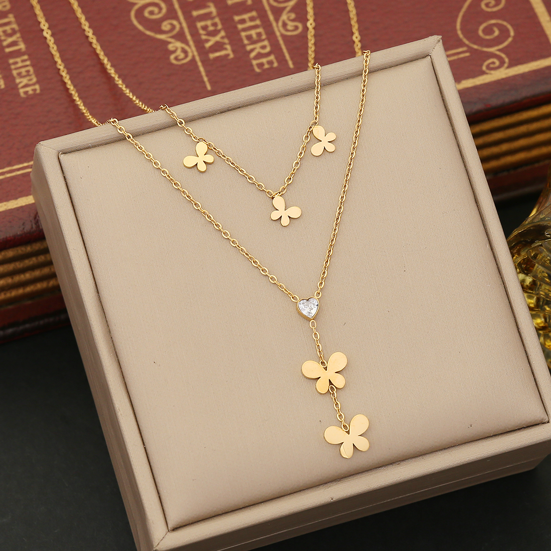 Stainless Steel 18K Gold Plated Cute Sweet Hollow Out Inlay Heart Shape Eye Butterfly Zircon Double Layer Necklaces display picture 5
