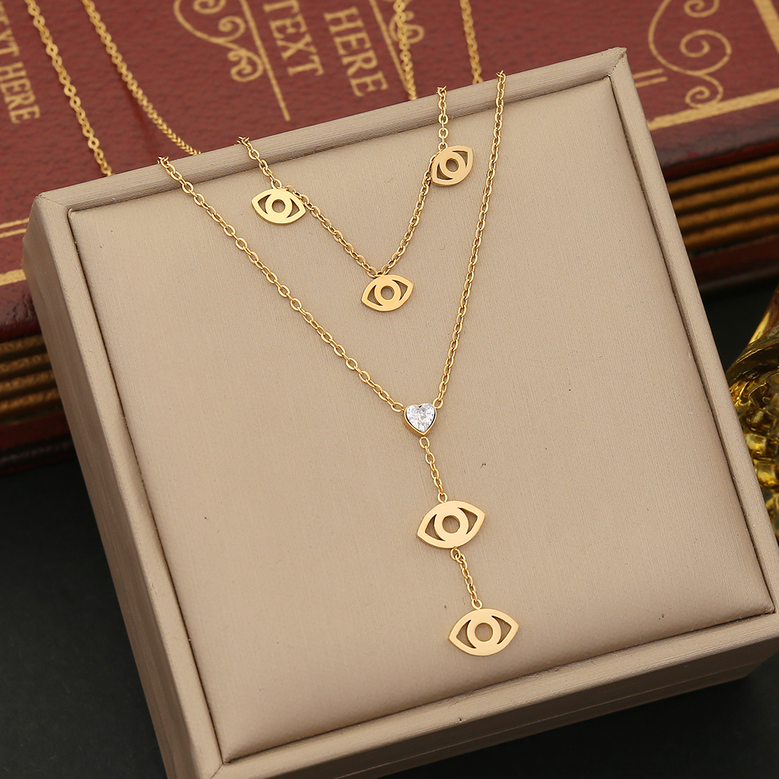 Stainless Steel 18K Gold Plated Cute Sweet Hollow Out Inlay Heart Shape Eye Butterfly Zircon Double Layer Necklaces display picture 6