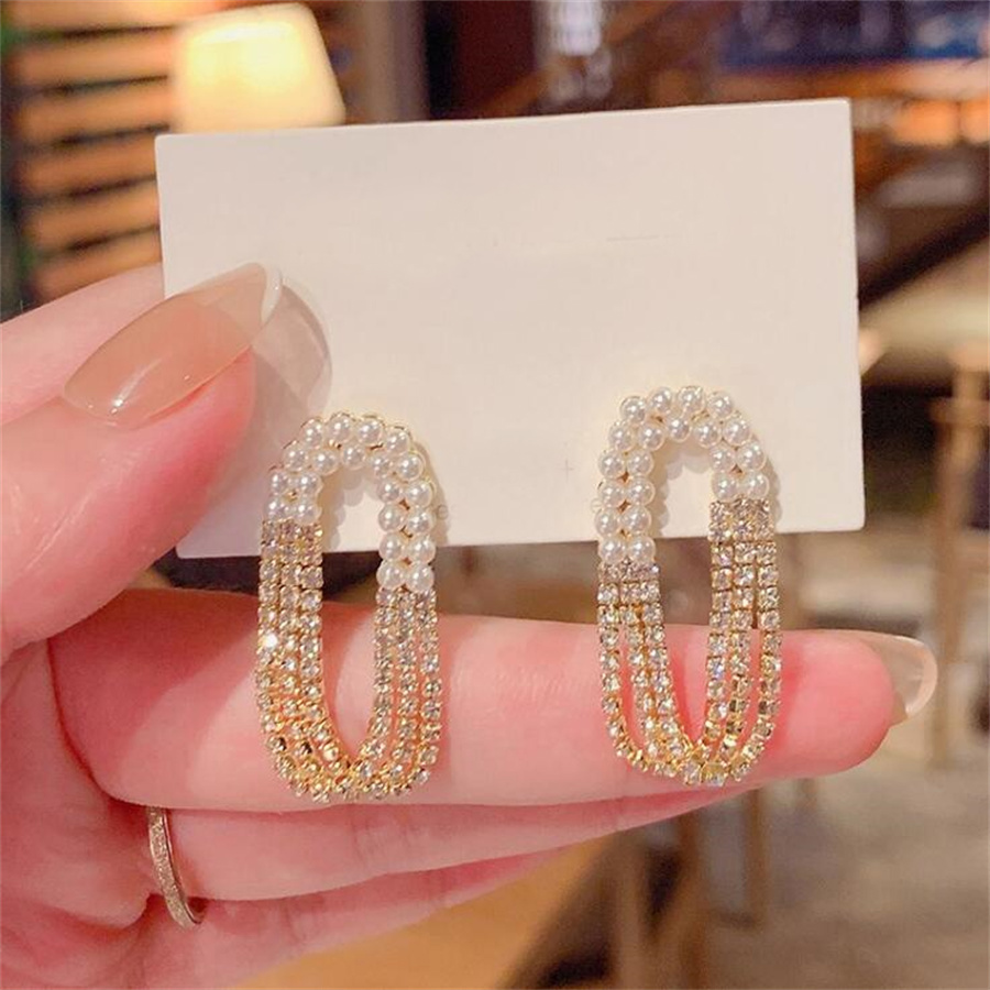 1 Pair Elegant Luxurious Shiny Oval Plating Inlay Copper Artificial Rhinestones Artificial Pearls Drop Earrings display picture 6