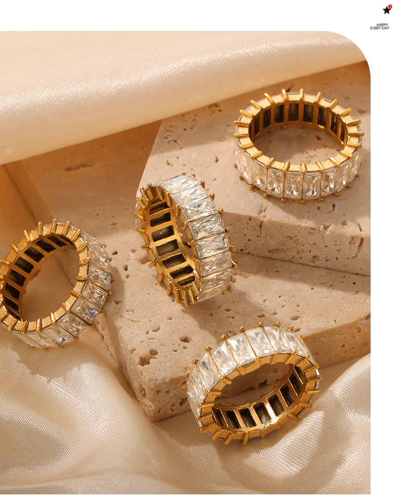 Acero Titanio Chapados en oro de 18k Brillante Geométrico Embutido Circón Anillos display picture 4
