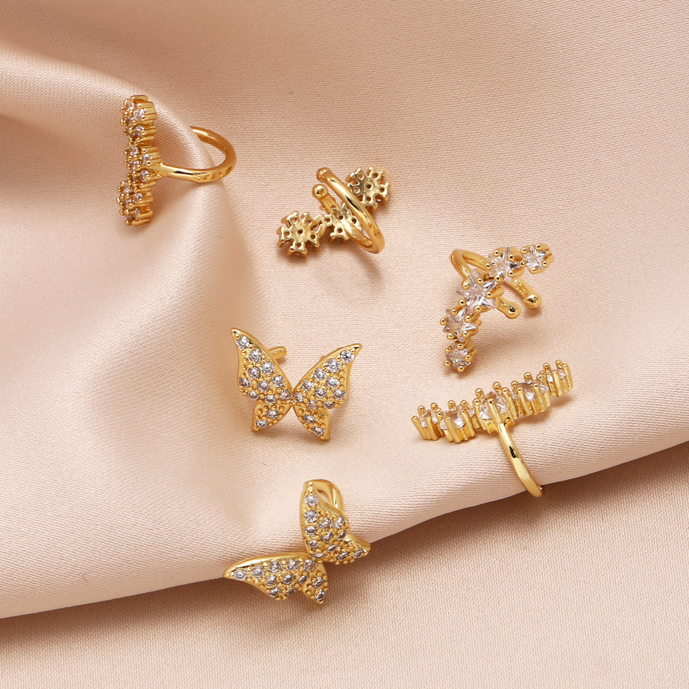 1 Pair Elegant Simple Style Star Flower Butterfly Copper Zircon 18K Gold Plated Ear Cuffs display picture 2