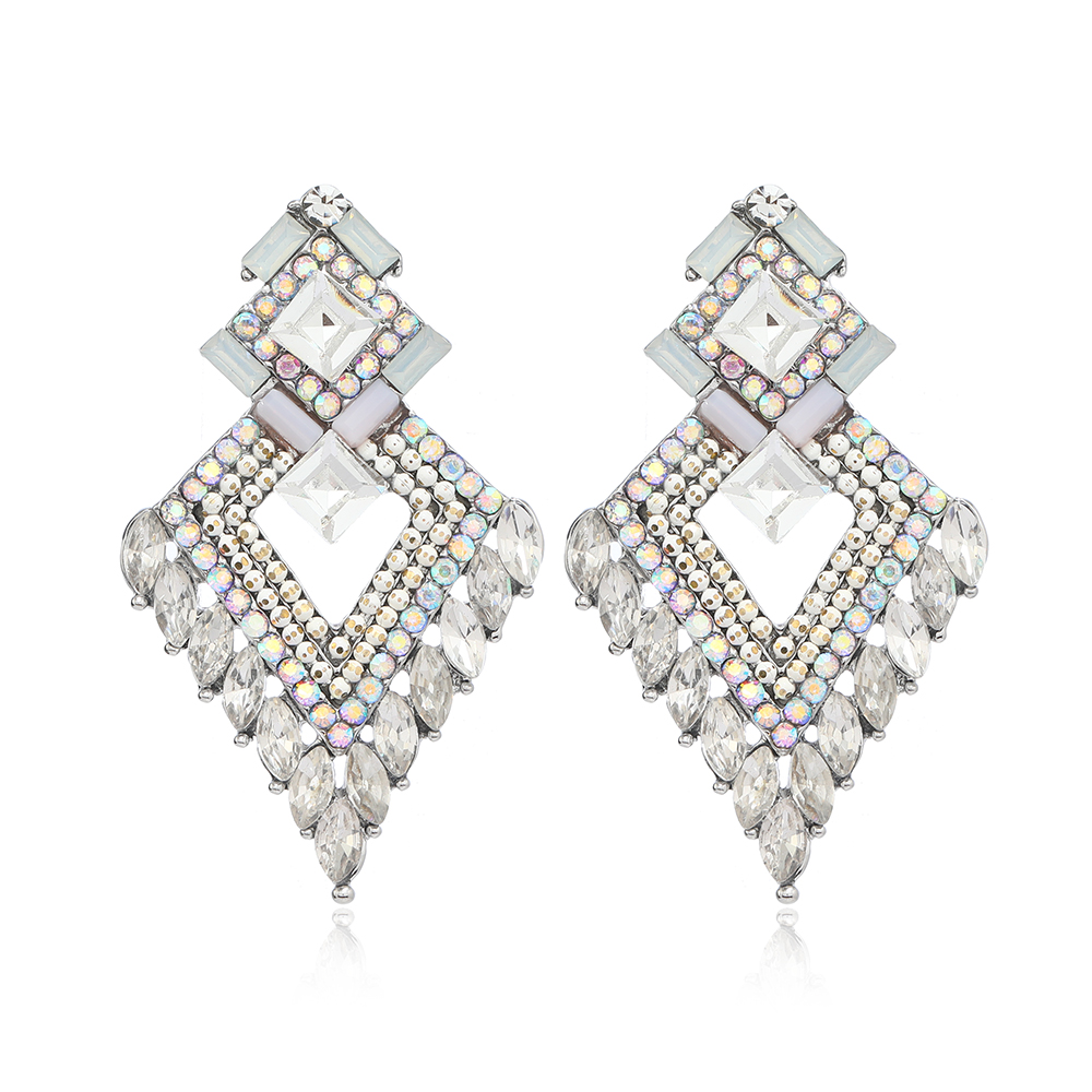 1 Paire Élégant Glamour Rhombe Alliage Strass Plaqué Argent Boucles D'oreilles display picture 1