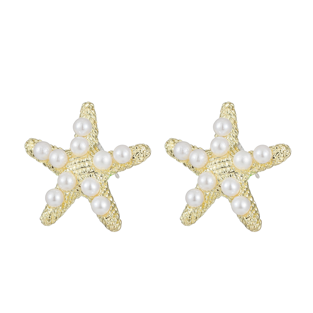 1 Pair Simple Style Starfish Inlay Alloy Artificial Pearls 14K Gold Plated Ear Studs display picture 1