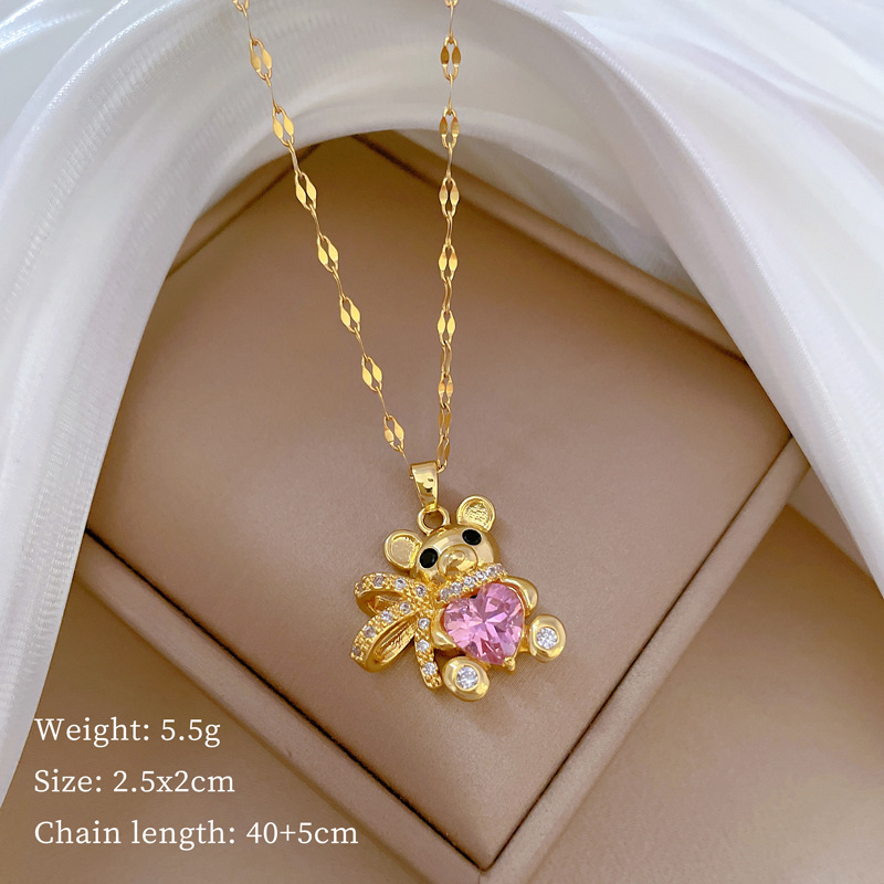 Titanium Steel IG Style Inlay Little Bear Artificial Gemstones Pendant Necklace display picture 2