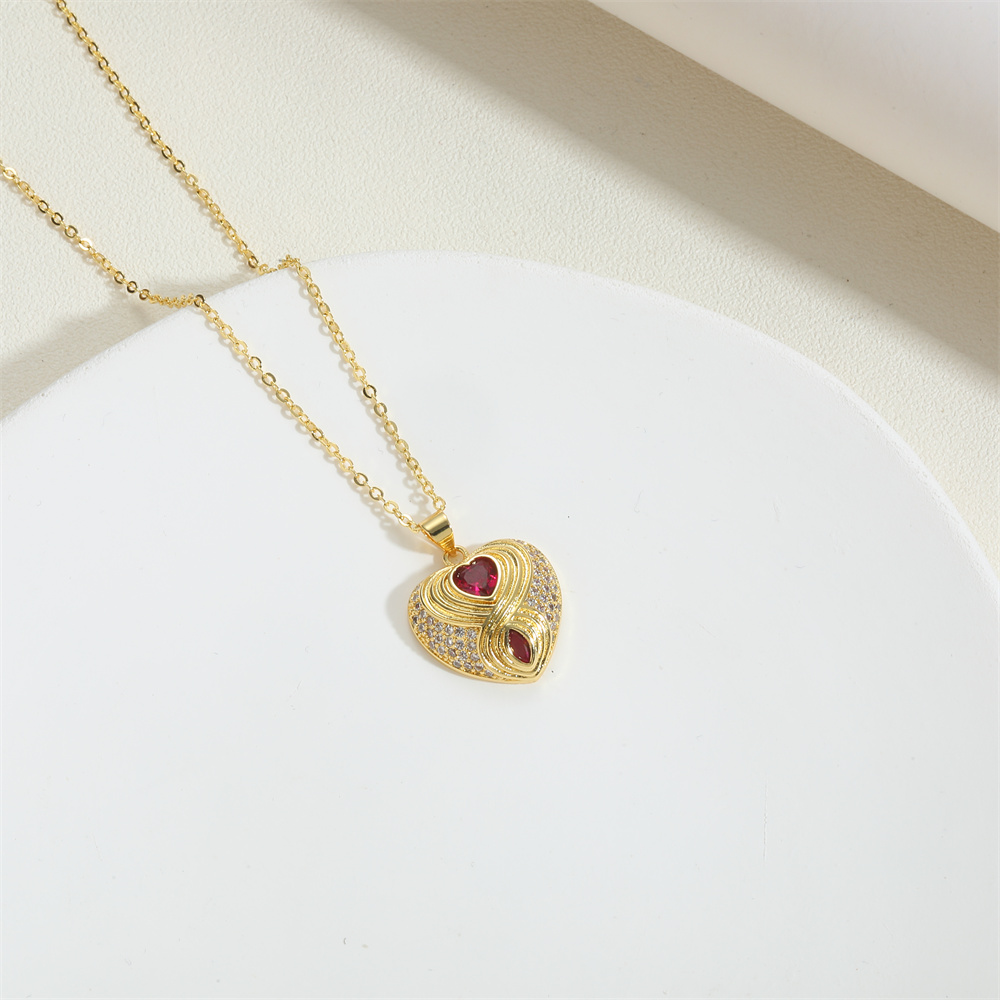 Copper 14K Gold Plated Vintage Style Simple Style Commute Heart Shape Enamel Inlay Zircon Pendant Necklace display picture 4