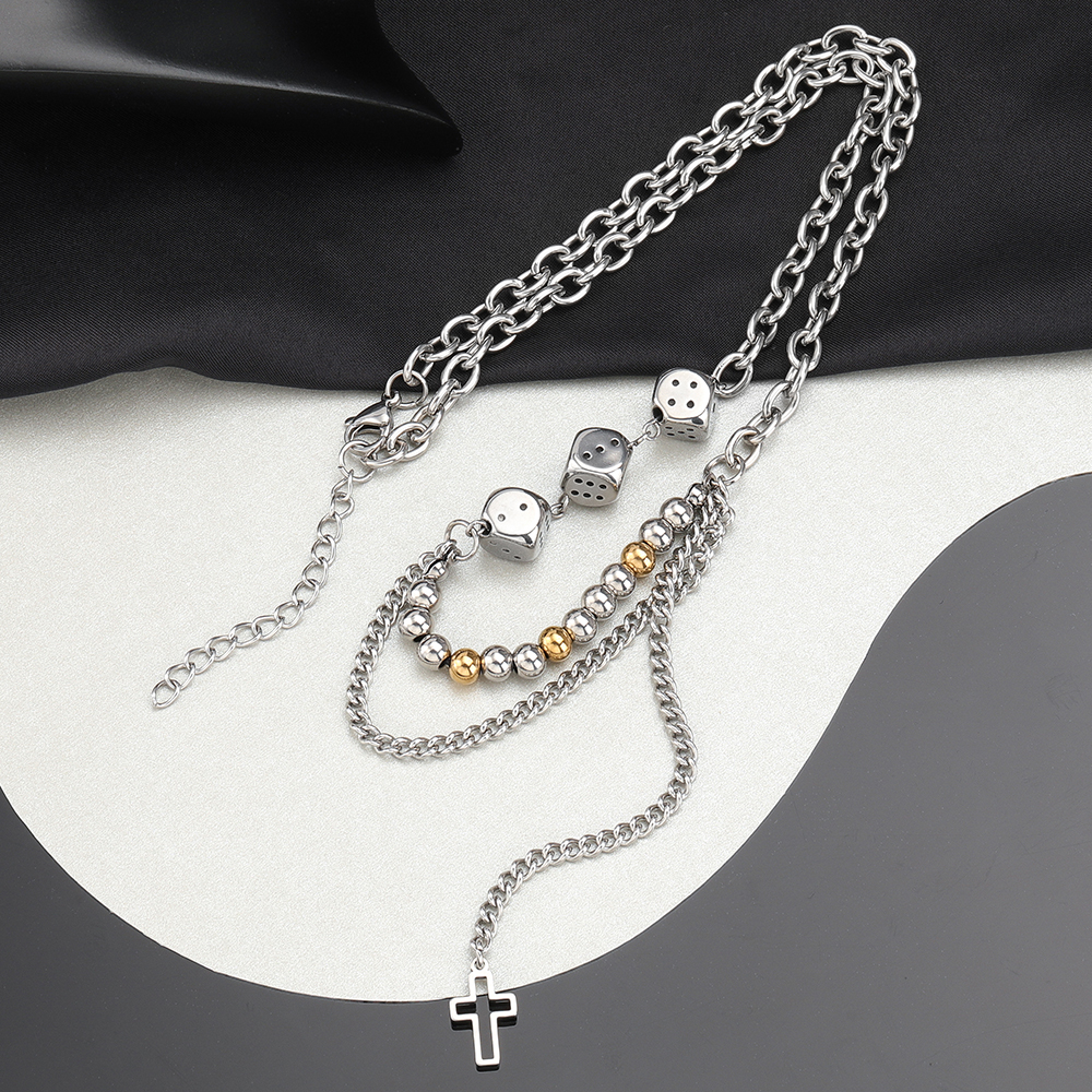 304 Stainless Steel Hip-Hop Beaded Chain Hollow Out Cross Dice Necklace display picture 4