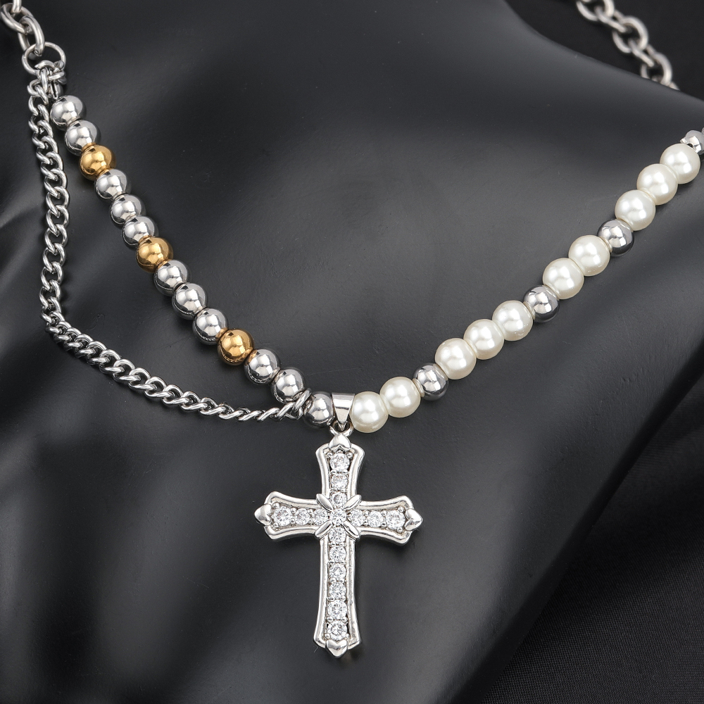 304 Stainless Steel Casual Hip-Hop Beaded Pearl Inlay Cross Zircon Pendant Necklace display picture 2