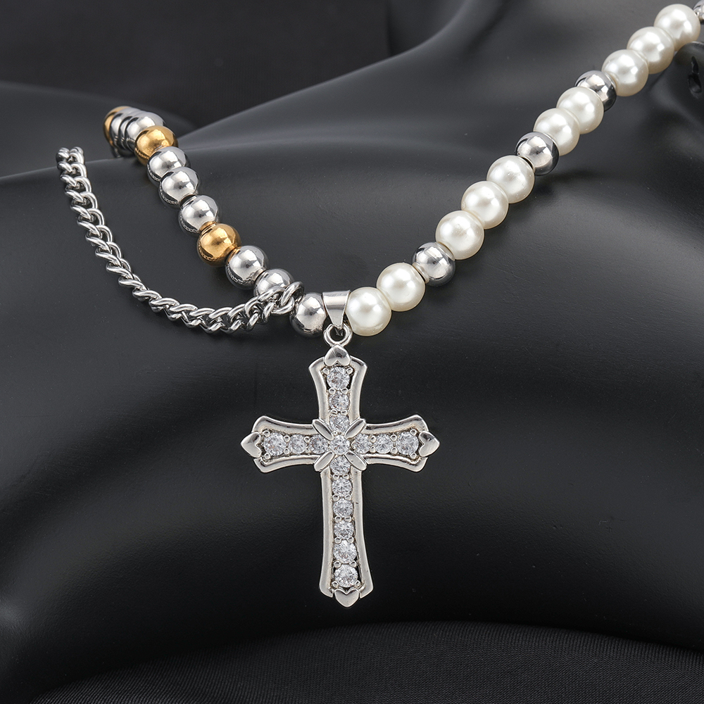 304 Stainless Steel Casual Hip-Hop Beaded Pearl Inlay Cross Zircon Pendant Necklace display picture 1