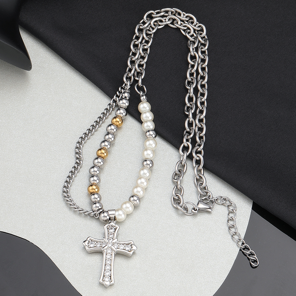 304 Stainless Steel Casual Hip-Hop Beaded Pearl Inlay Cross Zircon Pendant Necklace display picture 6