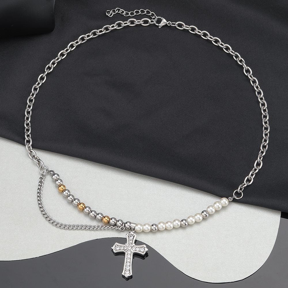 304 Stainless Steel Casual Hip-Hop Beaded Pearl Inlay Cross Zircon Pendant Necklace display picture 4