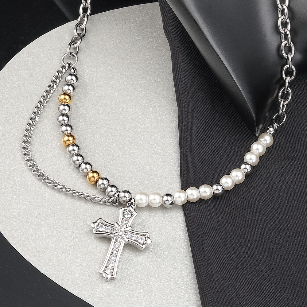 304 Stainless Steel Casual Hip-Hop Beaded Pearl Inlay Cross Zircon Pendant Necklace display picture 5
