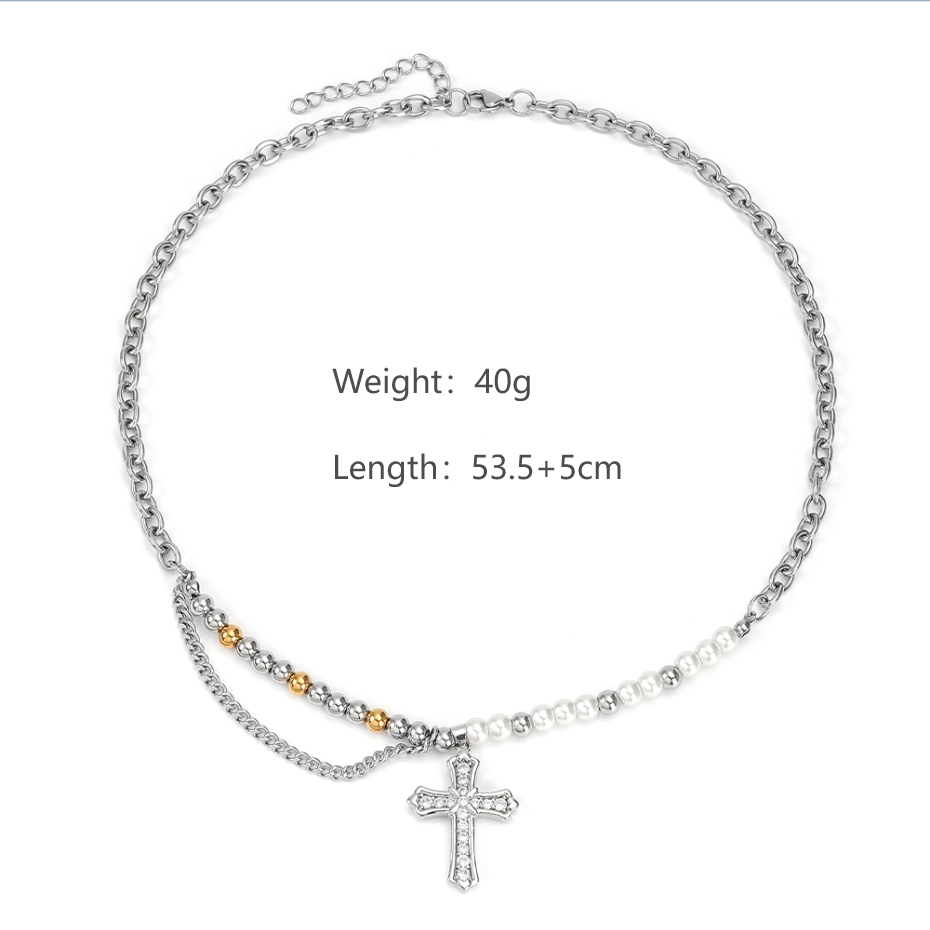 304 Stainless Steel Casual Hip-Hop Beaded Pearl Inlay Cross Zircon Pendant Necklace display picture 7