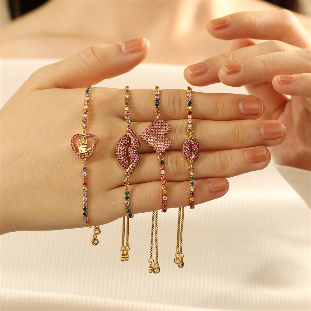 Copper 18K Gold Plated IG Style Simple Style Commute Lips Gesture Heart Shape Inlay Zircon Bracelets display picture 3