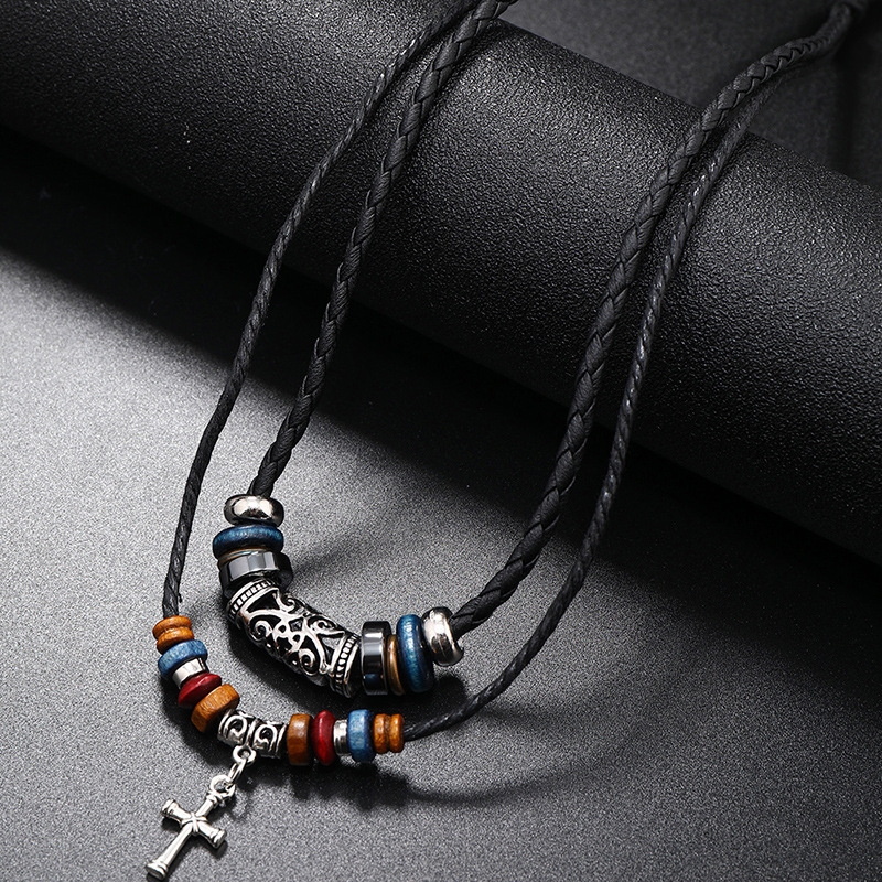 Casual Vintage Style Cross Beaded Alloy Leather Rope Unisex Double Layer Necklaces display picture 2