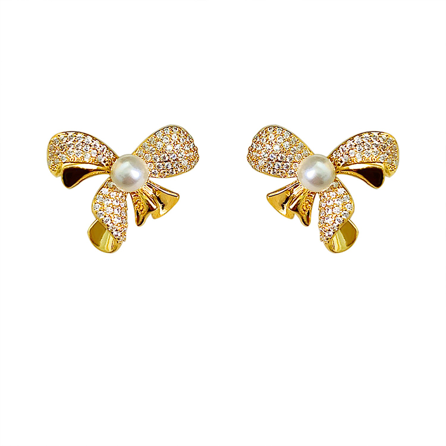 1 Pair Casual Business British Style Bow Knot Inlay Copper Pearl Zircon 18K Gold Plated Ear Cuffs display picture 6