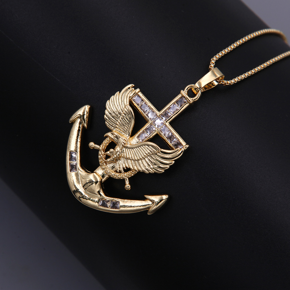 Hip-Hop Cool Style Anchor Eagle Copper Inlay Zircon 18K Gold Plated Unisex Pendant Necklace display picture 4