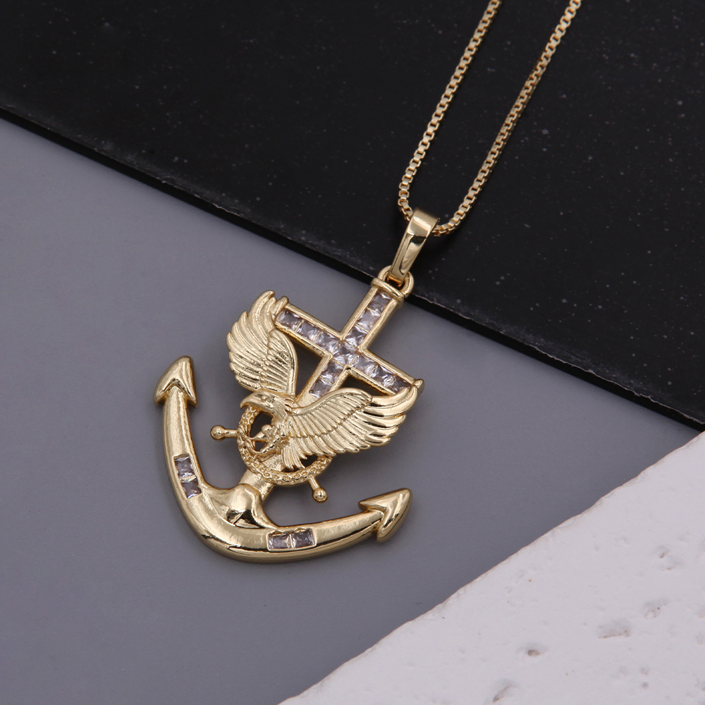 Hip-Hop Cool Style Anchor Eagle Copper Inlay Zircon 18K Gold Plated Unisex Pendant Necklace display picture 3