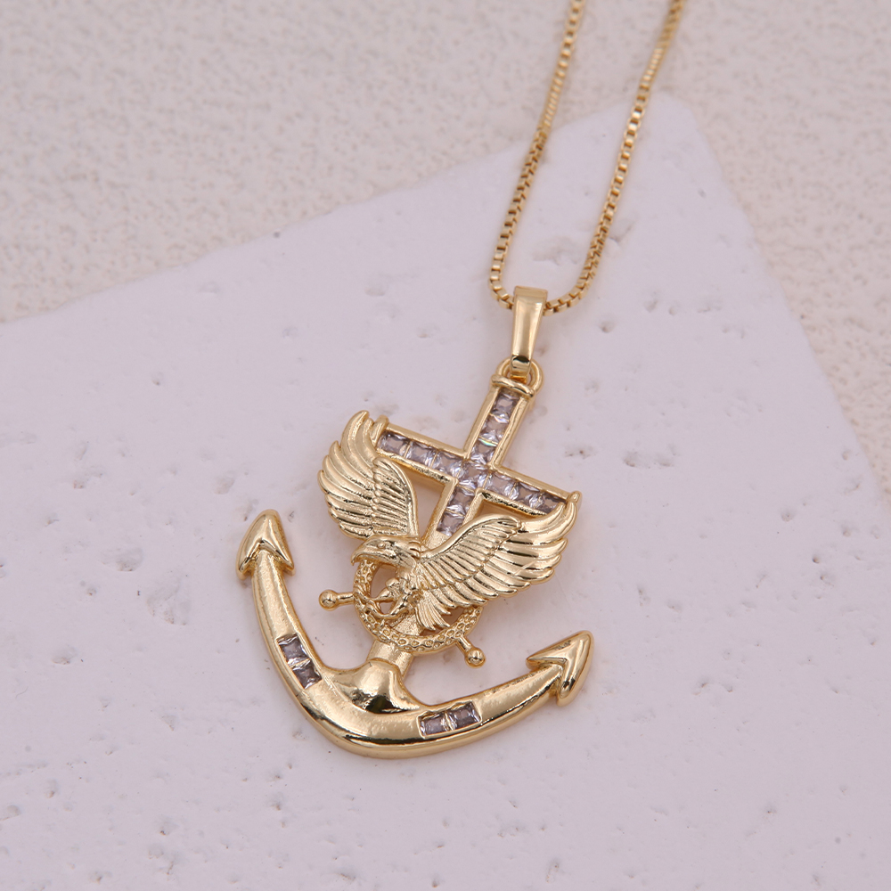 Hip-Hop Cool Style Anchor Eagle Copper Inlay Zircon 18K Gold Plated Unisex Pendant Necklace display picture 5