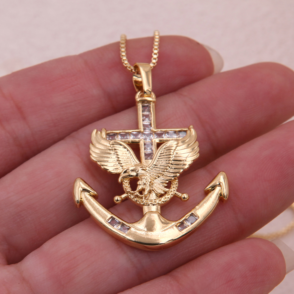 Hip-Hop Cool Style Anchor Eagle Copper Inlay Zircon 18K Gold Plated Unisex Pendant Necklace display picture 6