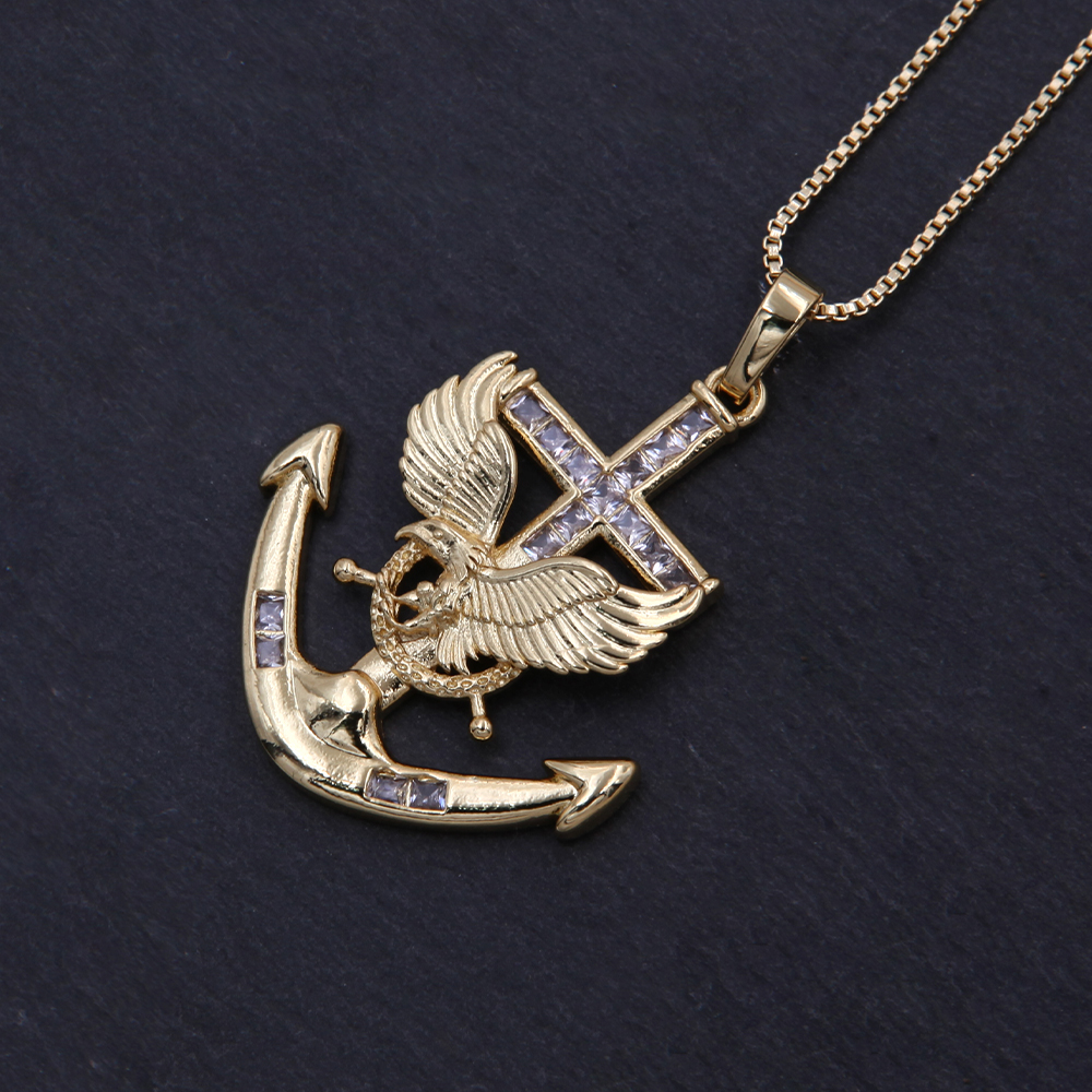 Hip-Hop Cool Style Anchor Eagle Copper Inlay Zircon 18K Gold Plated Unisex Pendant Necklace display picture 1