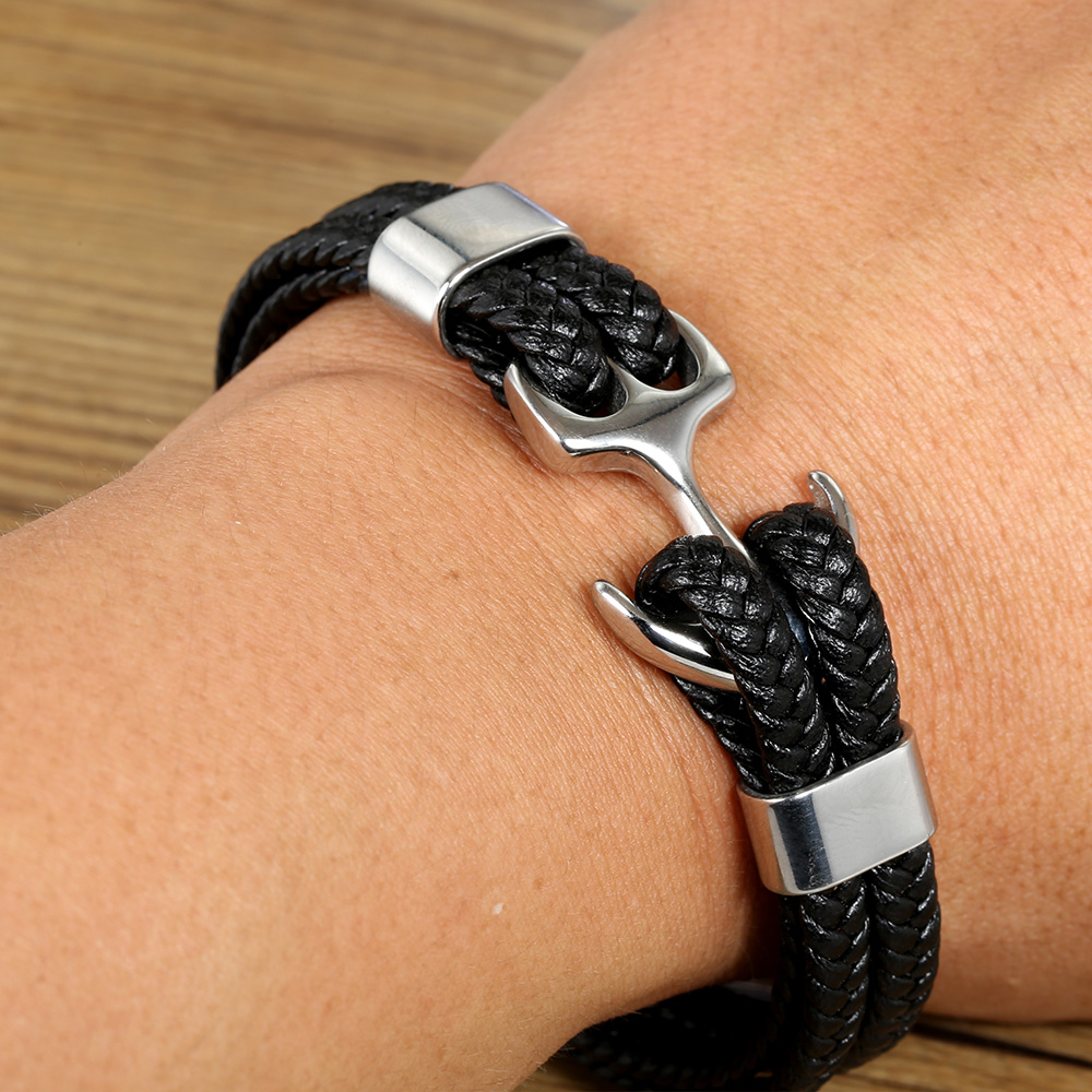 Simple Style Plaid Anchor Stainless Steel Pu Leather Leather Braid None None Couple Wristband display picture 5