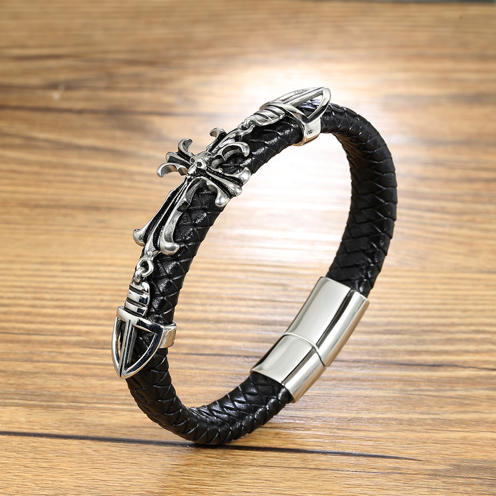 Gothic Cross Skull Stainless Steel Pu Leather Braid None Unisex Wristband display picture 2