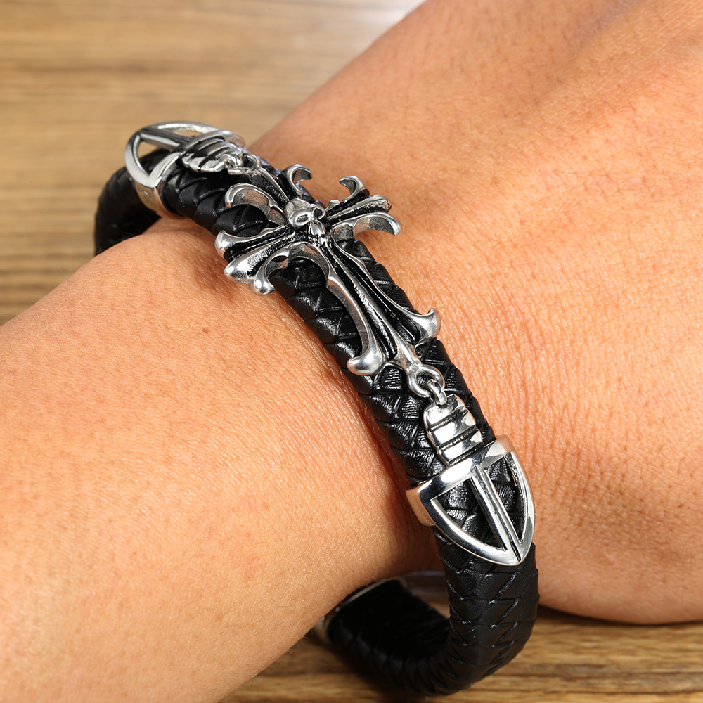 Gothic Cross Skull Stainless Steel Pu Leather Braid None Unisex Wristband display picture 6