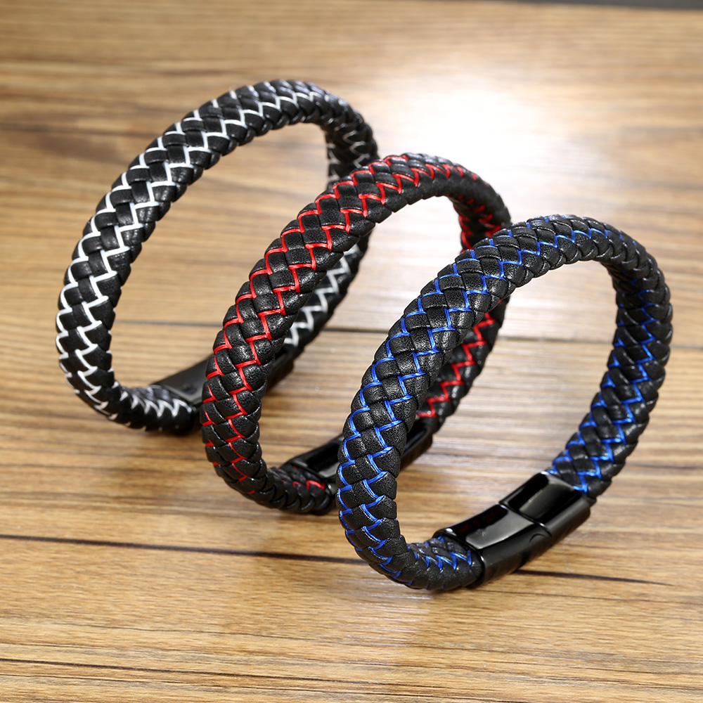 Casual Simple Style Plaid Stainless Steel Pu Leather Braid None Rhodium Plated Unisex Wristband display picture 2