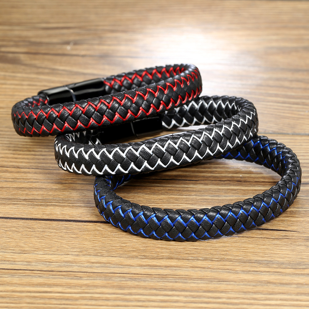 Casual Simple Style Plaid Stainless Steel Pu Leather Braid None Rhodium Plated Unisex Wristband display picture 4