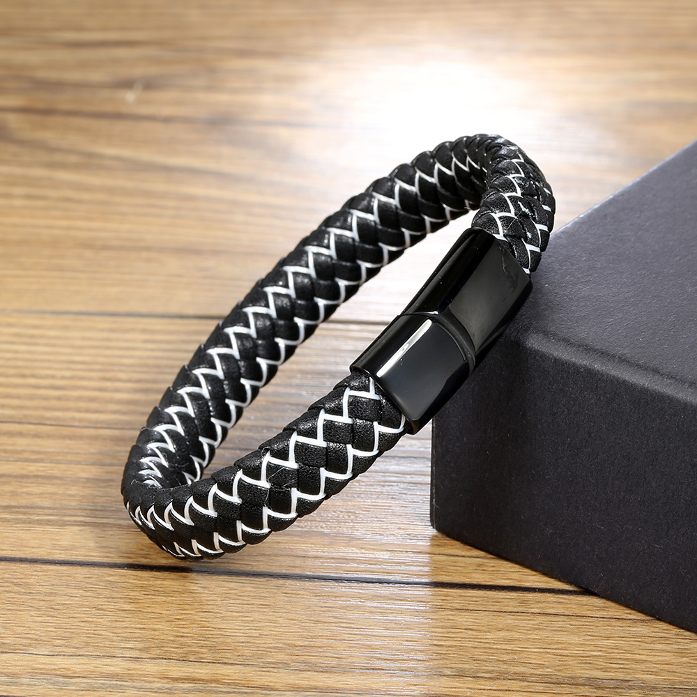 Casual Simple Style Plaid Stainless Steel Pu Leather Braid None Rhodium Plated Unisex Wristband display picture 5