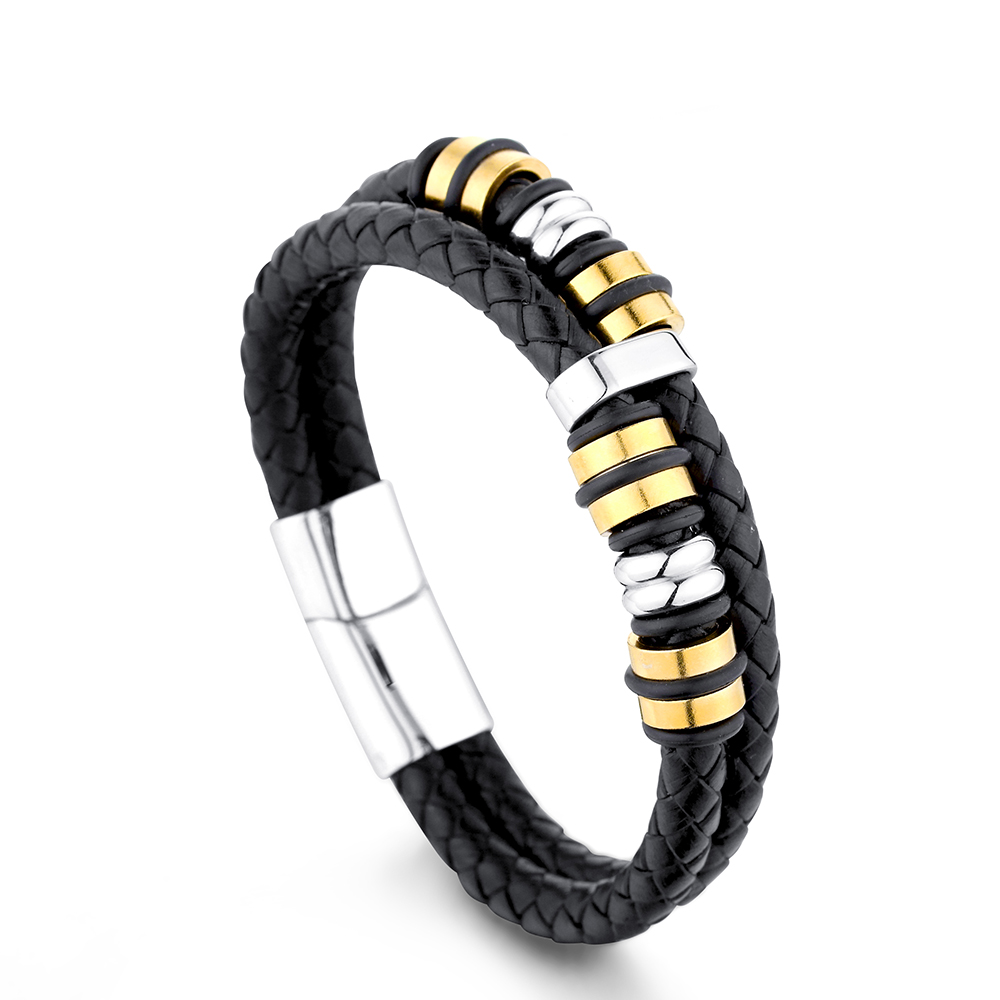 Simple Style Circle Plaid Stainless Steel Pu Leather Braid None 18K Gold Plated Unisex Wristband display picture 3