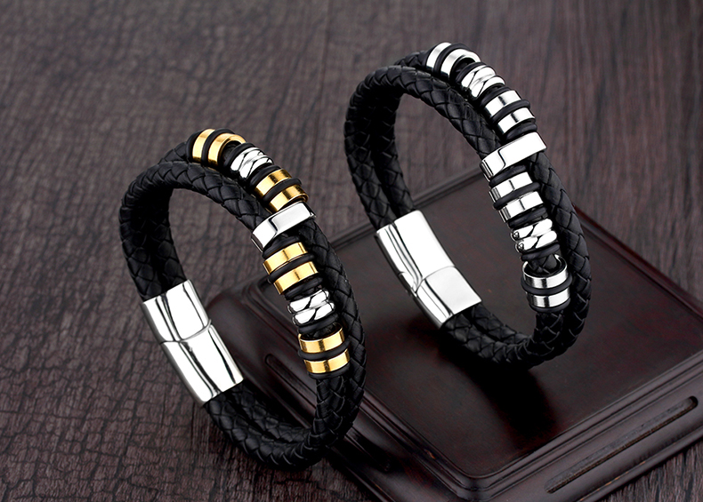Simple Style Circle Plaid Stainless Steel Pu Leather Braid None 18K Gold Plated Unisex Wristband display picture 5