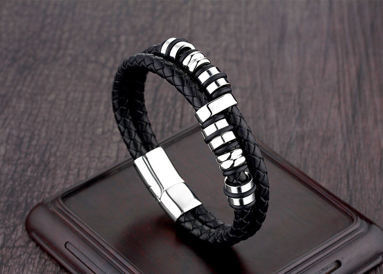 Simple Style Circle Plaid Stainless Steel Pu Leather Braid None 18K Gold Plated Unisex Wristband display picture 4