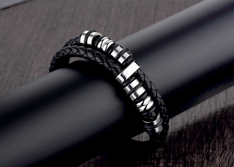 Simple Style Circle Plaid Stainless Steel Pu Leather Braid None 18K Gold Plated Unisex Wristband display picture 8