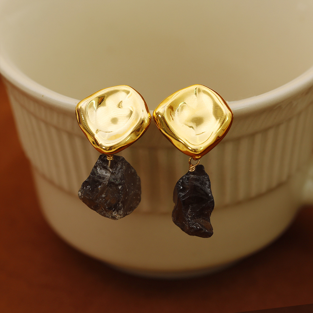 1 Pair Simple Style British Style Irregular Natural Stone Copper 18K Gold Plated Drop Earrings display picture 11