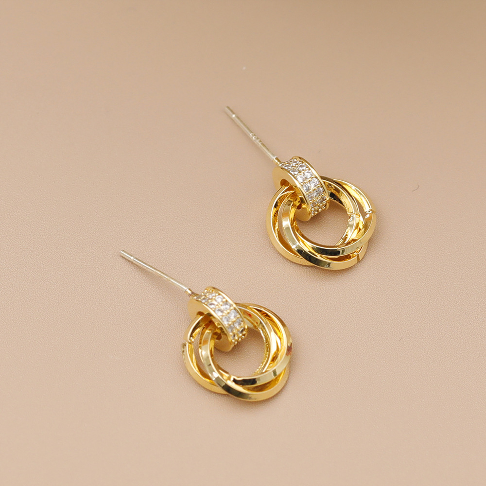 1 Pair Vintage Style Simple Style Geometric Round Inlay Copper Zircon 18K Gold Plated Ear Studs display picture 6