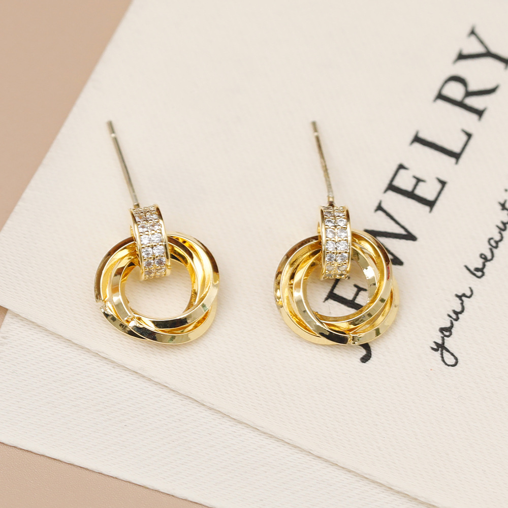 1 Pair Vintage Style Simple Style Geometric Round Inlay Copper Zircon 18K Gold Plated Ear Studs display picture 4